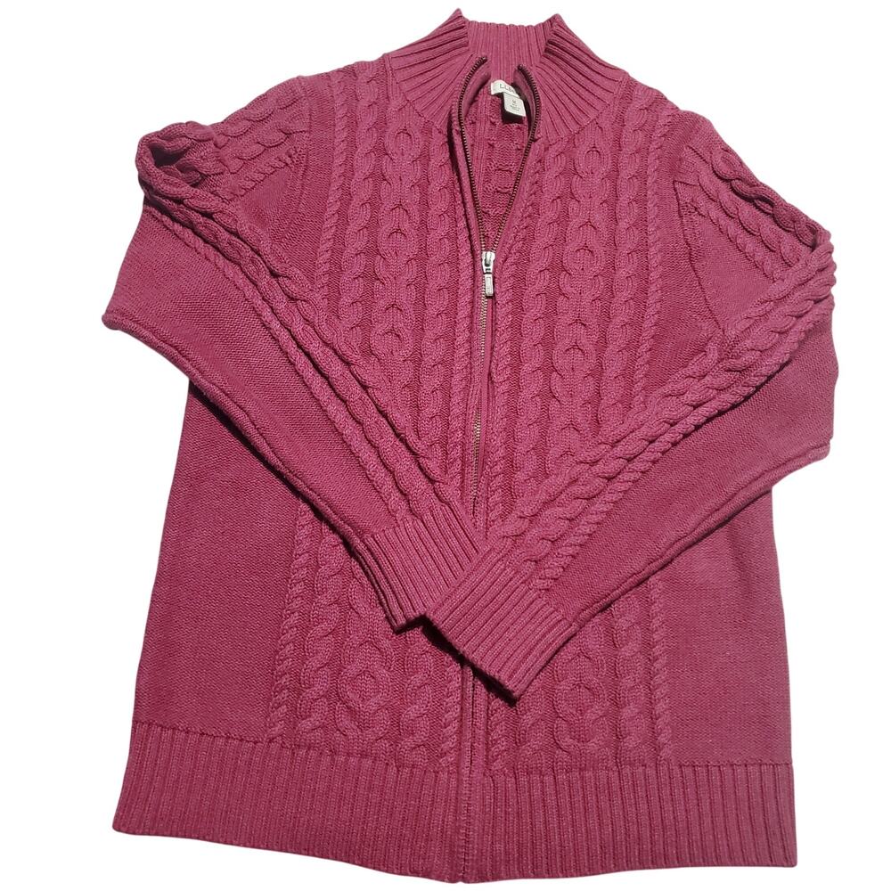 L.L.Bean Womens Wine Cabel Knit Zip Up Sweater Size Medium Cabincore Preppy